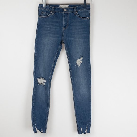 Free People Shark Bite Jeans Distressed Skinny Stretch Denim Cropped Blue Sz 26 - Picture 2 of 7